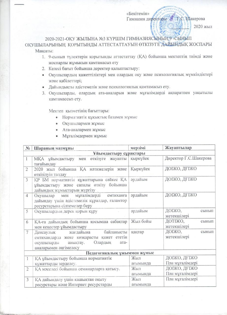 2020-2021-ОҚУ ЖЫЛЫНА №3 КҮРШІМ ГИМНАЗИЯСЫНЫҢ 9-СЫНЫП ОҚУШЫЛАРЫНЫҢ ҚОРЫТЫНДЫ АТТЕСТАТТАУЫН ӨТКІЗУГЕ ДАЙЫНДЫҚ ЖОСПАРЫ
