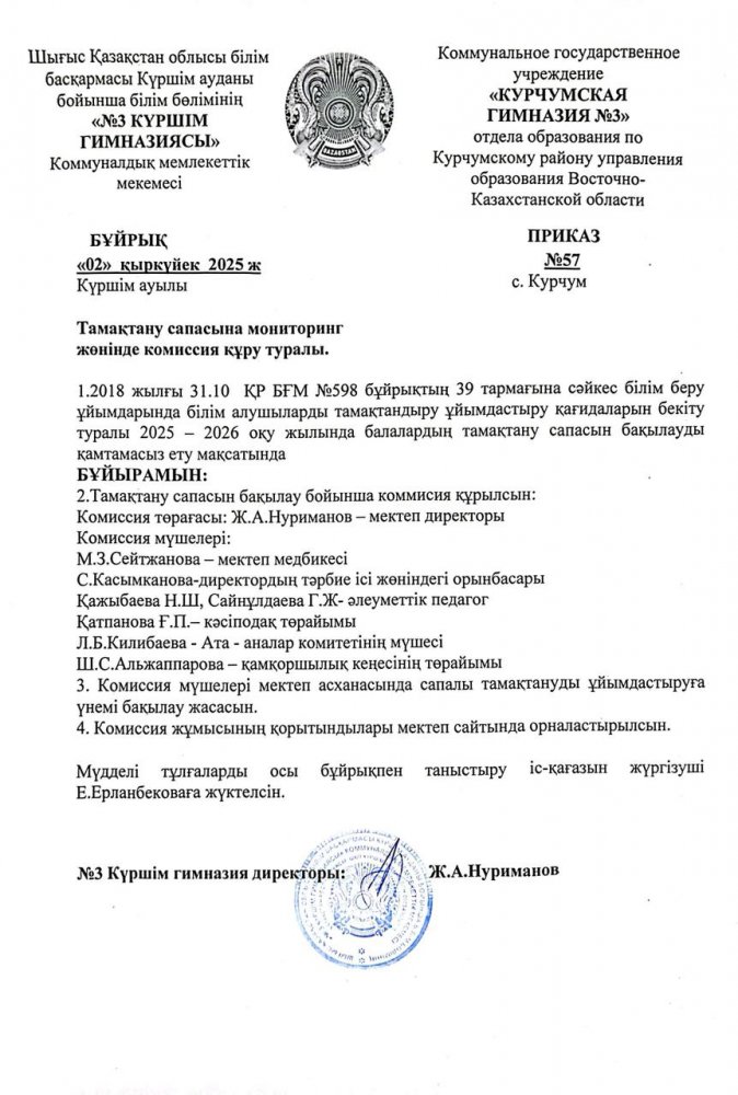 Бұйрық. Тамақтану сапасына мониторинг жөнінде комиссия құру туралы.